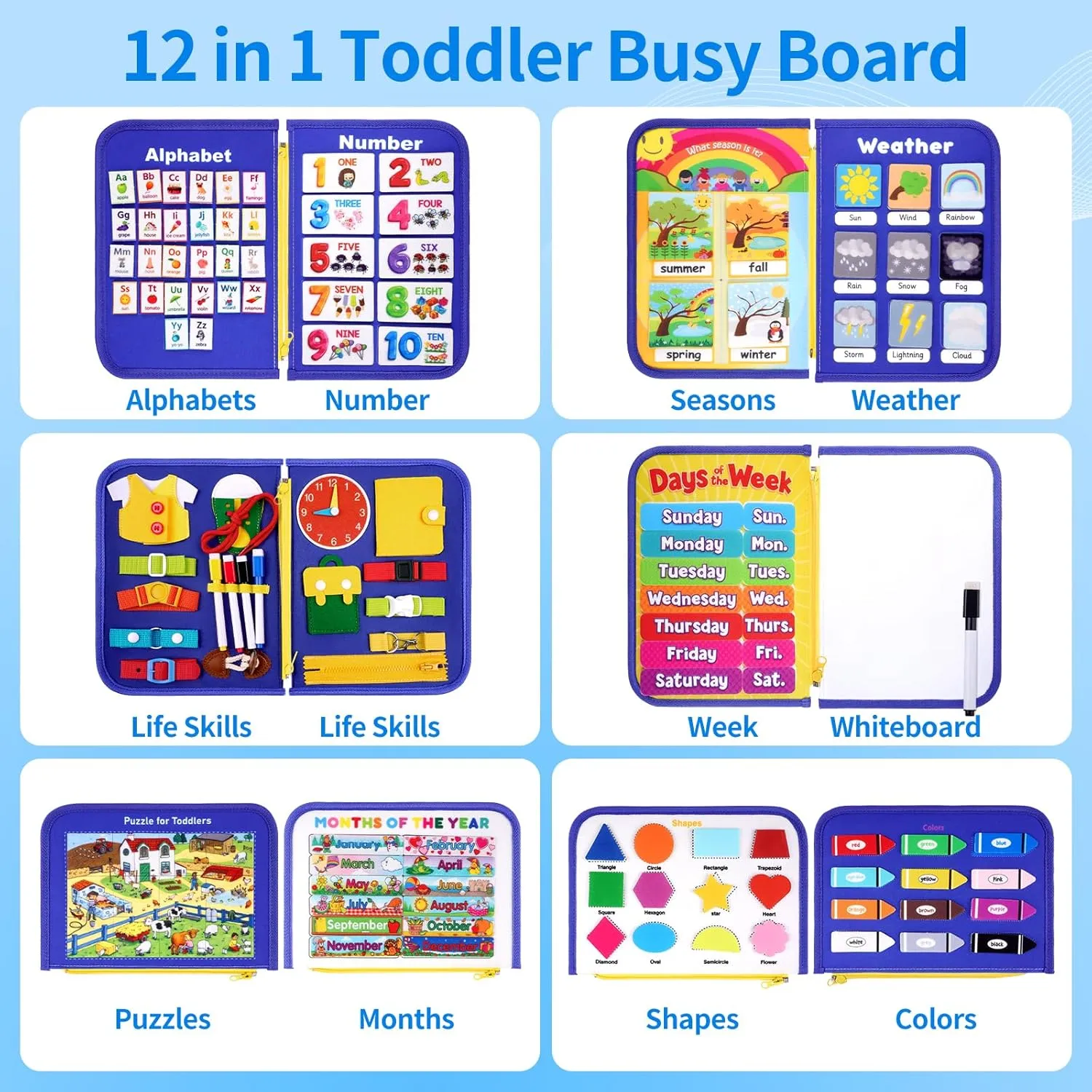 12-page Toddler Busy Board Montessori Toys for 1 2 3 4 Years Old, Busy Book for Toddlers 1-3 Boy Birthday Gift, 24 in 1 Activity Sensory Toys for Motor Skills, Travel Toy for Car Airplane (Blue)