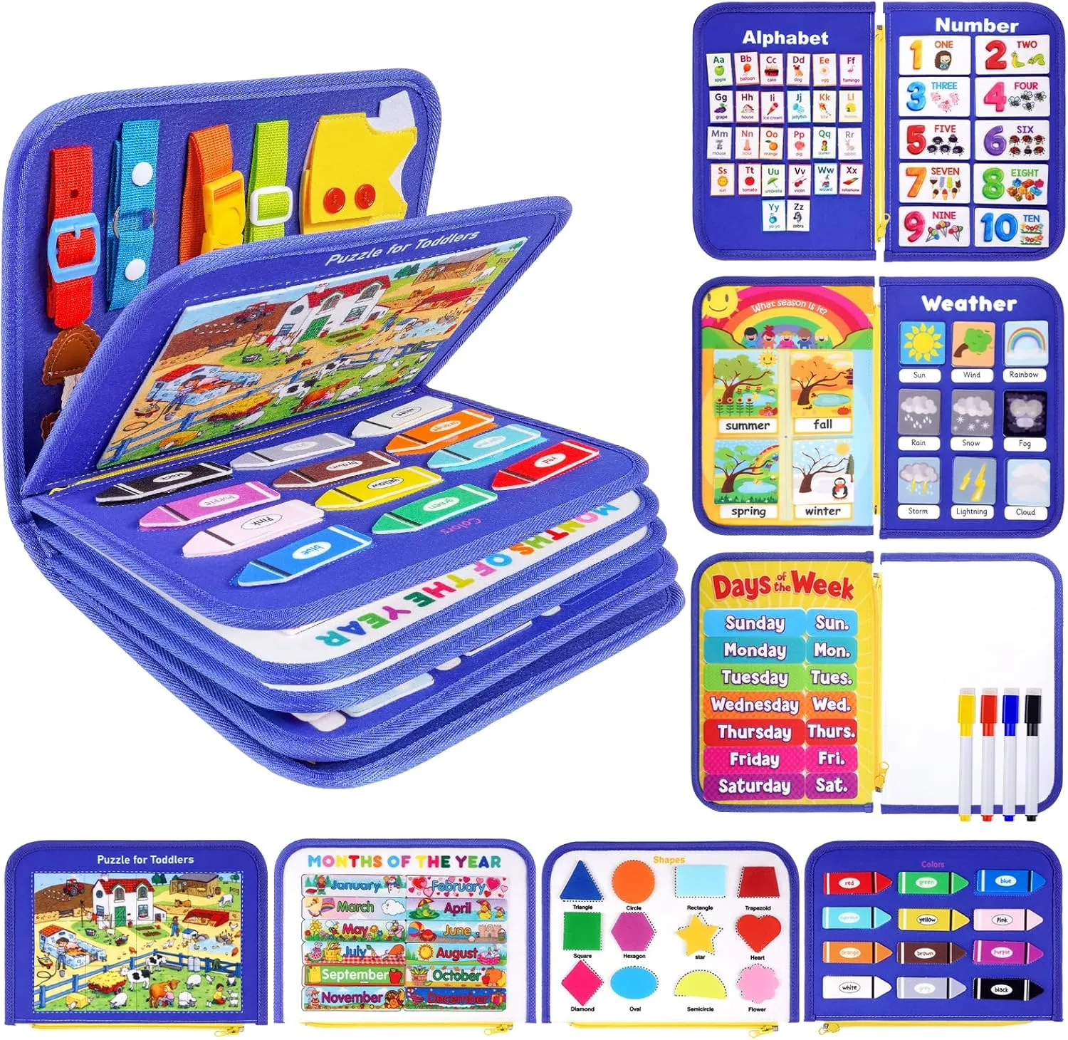 12-page Toddler Busy Board Montessori Toys for 1 2 3 4 Years Old, Busy Book for Toddlers 1-3 Boy Birthday Gift, 24 in 1 Activity Sensory Toys for Motor Skills, Travel Toy for Car Airplane (Blue)