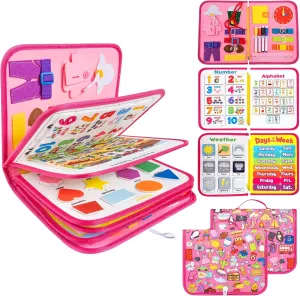 12-page Toddler Busy Board Montessori Toys for 1 2 3 4 Years Old, Busy Book for Toddlers 1-3 Girl Birthday Gift, 24 in 1 Activity Sensory Toys for Motor Skills, Travel Toy for Car Airplane (Pink)