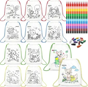 12 PCS colorable drawstring backpack for kids with 12 stackable crayons (12 colors in one), suitable as return gifts for kids, birthday goodie bags for kids and kids art party favor bags