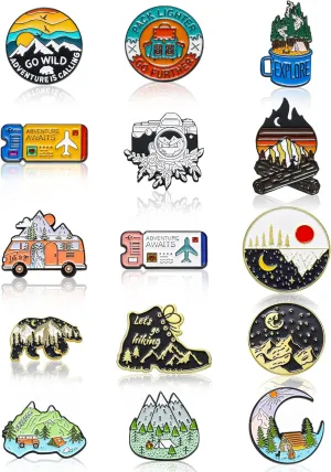 15 Pcs Enamel Pins for Backpack Hat Outdoors Adventure Brooch Pins Cute Camping Lapel Nature Aesthetic Jewelry for Women Men Clothing Bags DIY Crafts Gifts