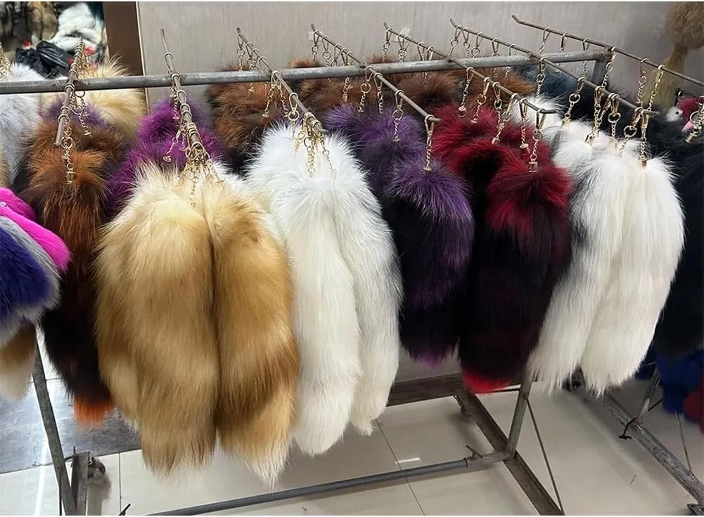 15.75 Inch Long Fluffy Faux Fur Tail Keychain, Fake Animal Tails for Handbags Backpacks Charm Tassel Ornaments (Orange-Black)