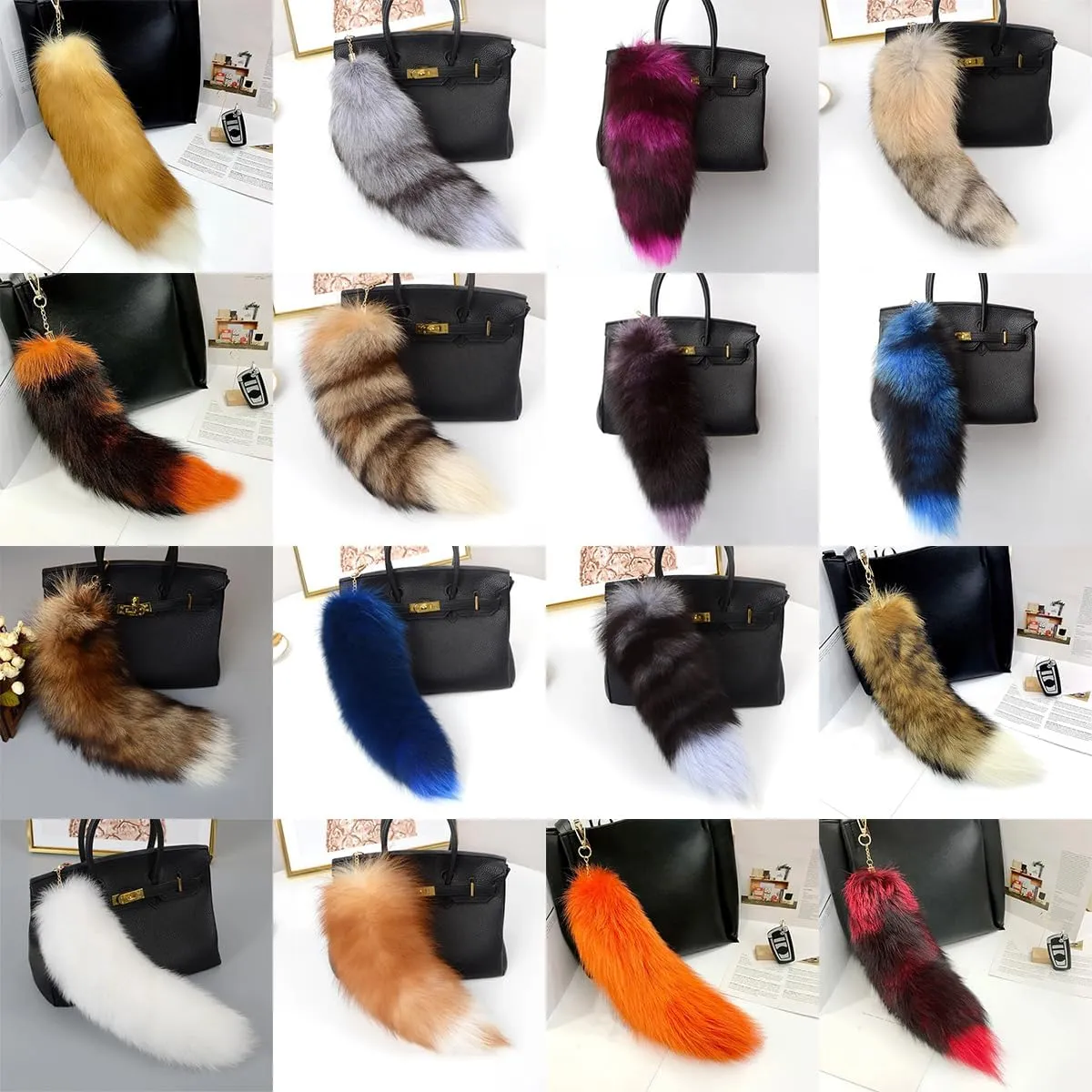 15.75 Inch Long Fluffy Faux Fur Tail Keychain, Fake Animal Tails for Handbags Backpacks Charm Tassel Ornaments (Orange-Black)