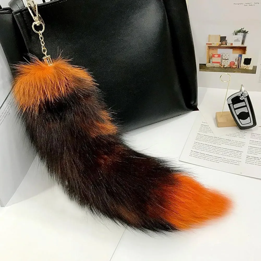 15.75 Inch Long Fluffy Faux Fur Tail Keychain, Fake Animal Tails for Handbags Backpacks Charm Tassel Ornaments (Orange-Black)