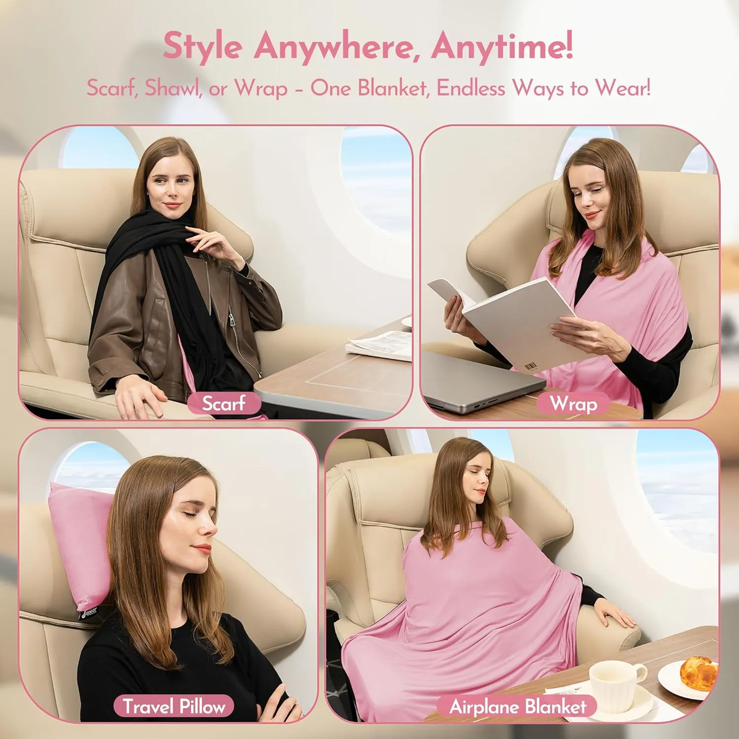 16-in-1 Compact Travel Blanket with Bag – Reversible, Ultra Soft Bamboo Airplane Blanket with Hidden Pocket - Lightweight & Packable for Flights, Camping, Picnic, Travel Essentials