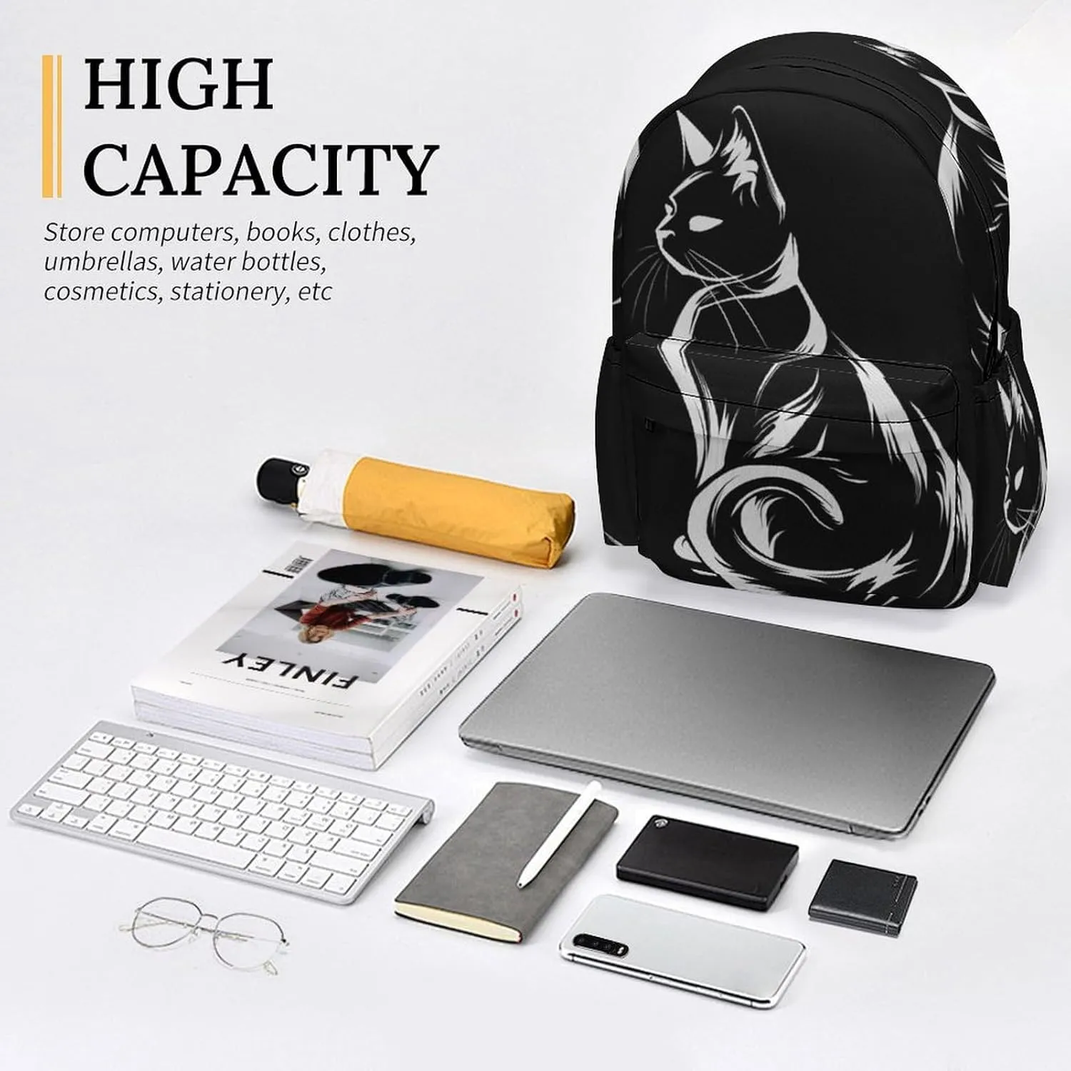 16 Inch Backpack Brush Cat Outline Laptop Backpack School Bookbag Shoulder Bag Casual Daypack