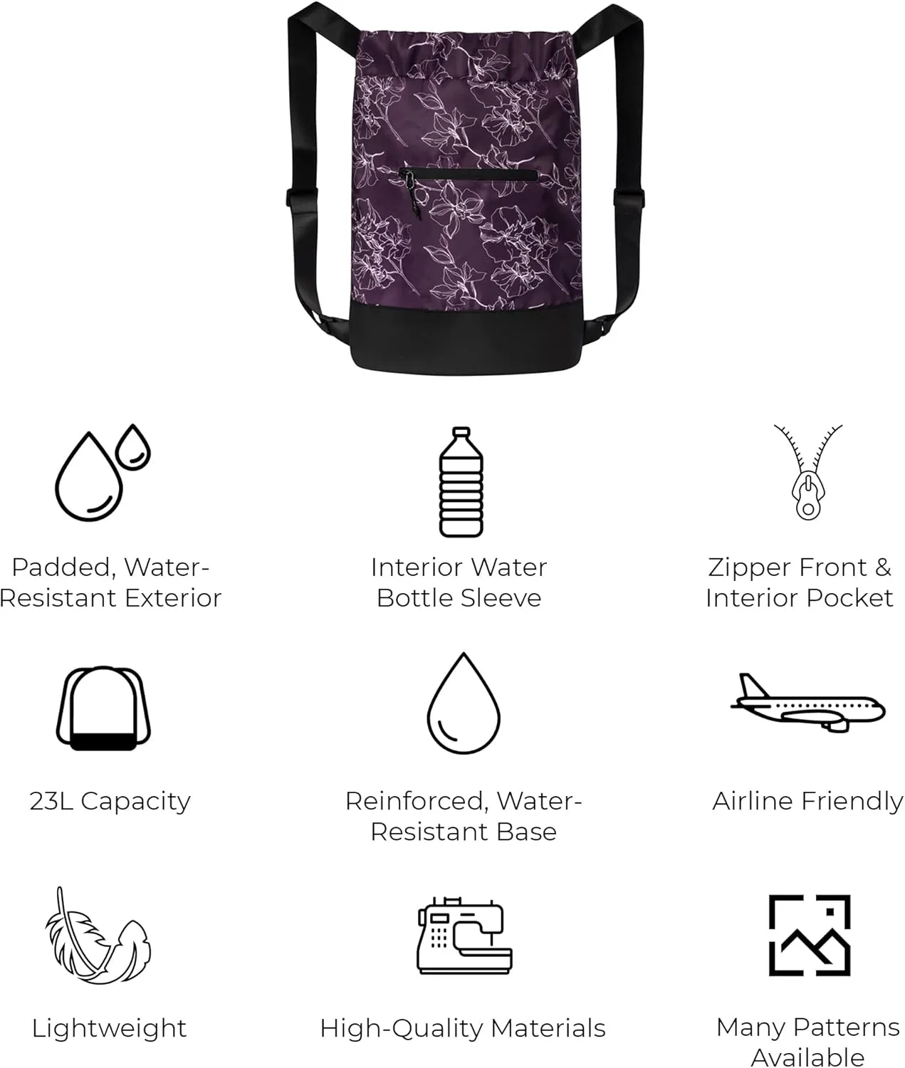 [2-Pack] Flex Cinch Drawstring Gym Bag for Women with Graphic Designs | Durable Lightweight Gym Cinch Bags | Great for Gym Bag, Traveling, and Overnights