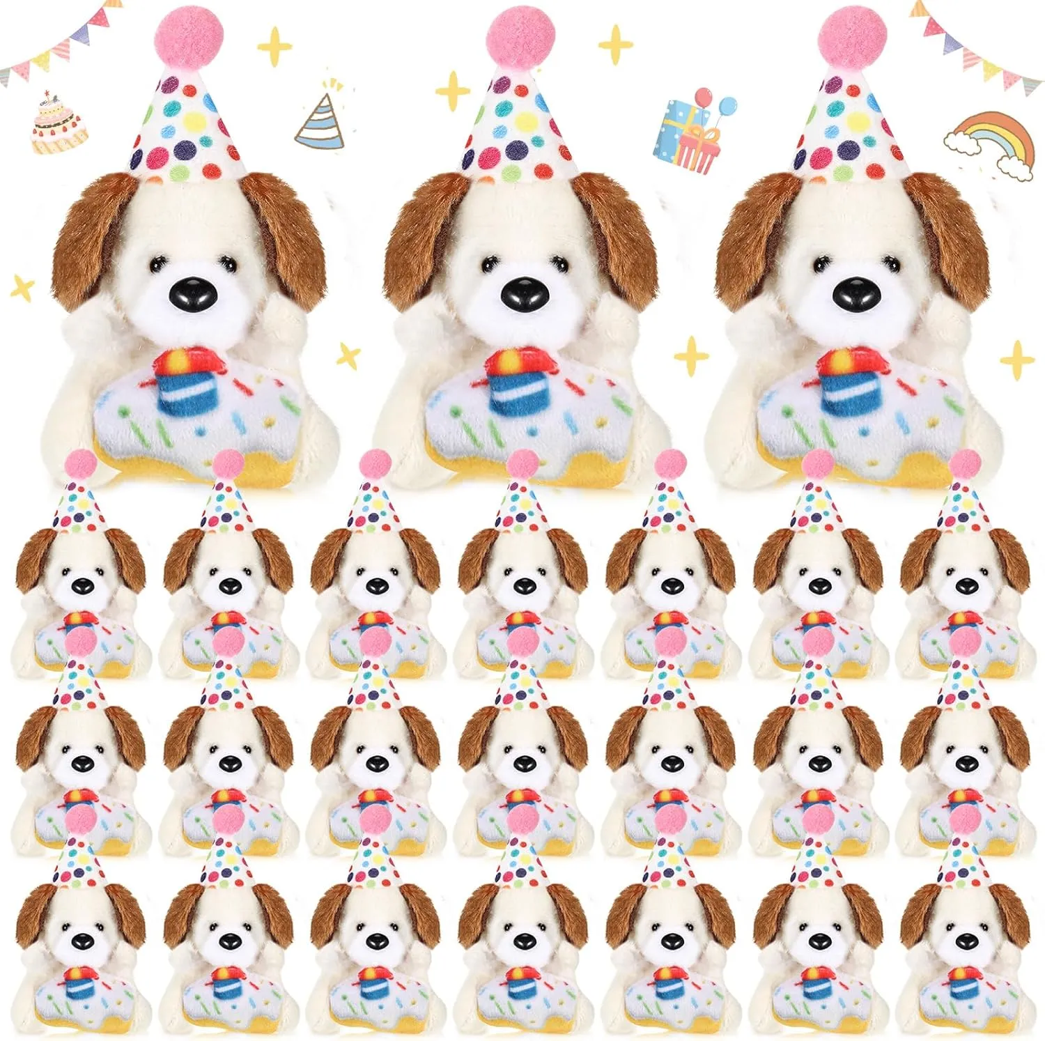 24 Pcs Birthday Mini Stuffed Animal Bulk Plush Toy with Birthday Hat Cute Soft Puppy Dog Toy Bulk for Goodie Bag Filler Exchange Gift Party Game Reward Carnival Prize