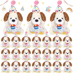24 Pcs Birthday Mini Stuffed Animal Bulk Plush Toy with Birthday Hat Cute Soft Puppy Dog Toy Bulk for Goodie Bag Filler Exchange Gift Party Game Reward Carnival Prize