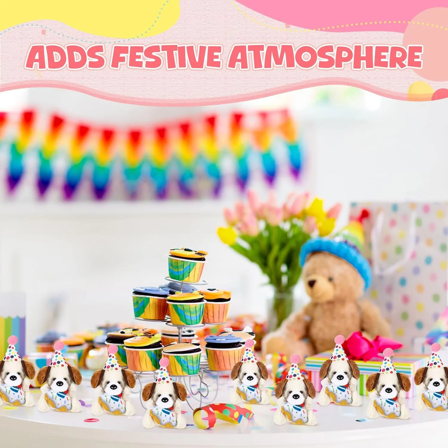24 Pcs Birthday Mini Stuffed Animal Bulk Plush Toy with Birthday Hat Cute Soft Puppy Dog Toy Bulk for Goodie Bag Filler Exchange Gift Party Game Reward Carnival Prize
