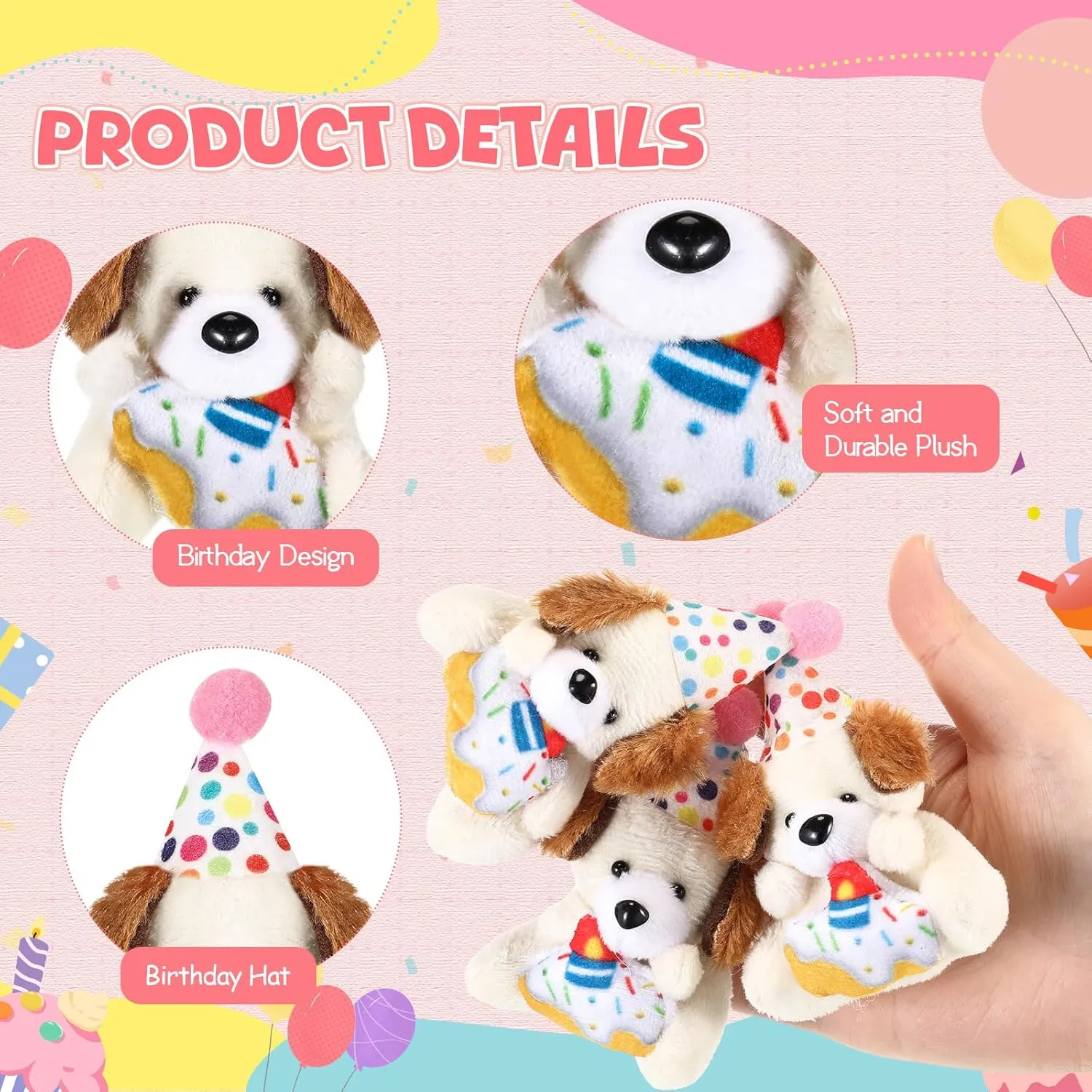 24 Pcs Birthday Mini Stuffed Animal Bulk Plush Toy with Birthday Hat Cute Soft Puppy Dog Toy Bulk for Goodie Bag Filler Exchange Gift Party Game Reward Carnival Prize