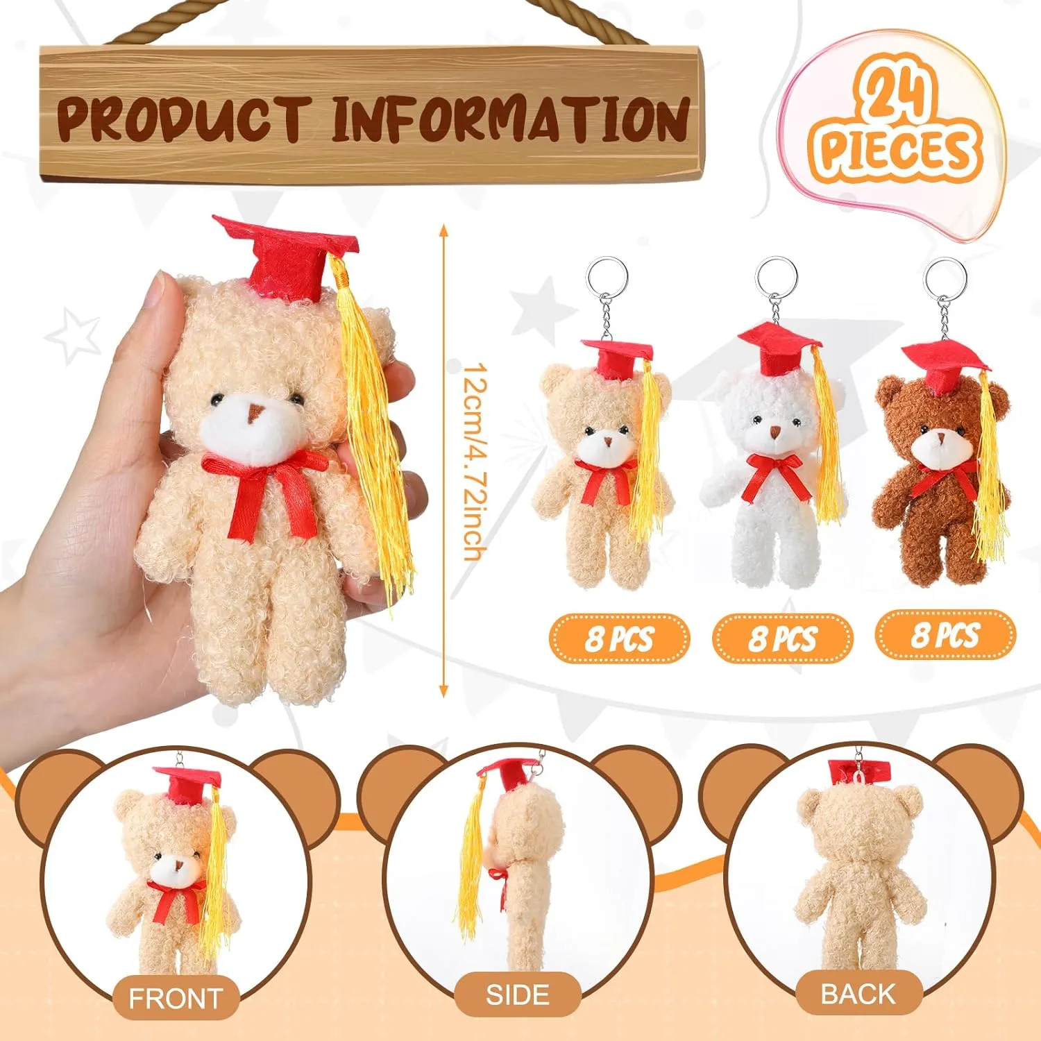 24 Pcs Class of 2025 Mini Graduation Bears Bulk 4. 72'' Grad Bears Stuffed Animal Plush with Cap for Prek Kindergarten Graduation Party Gifts(Red)