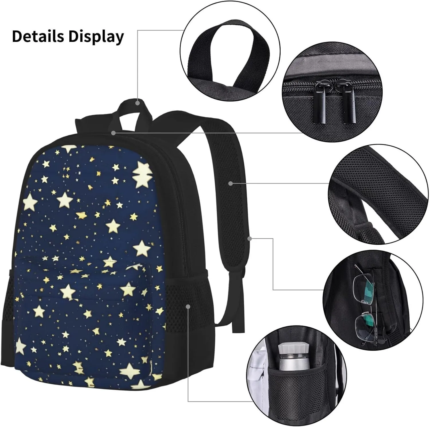 3-In-1 Backpack Bookbag Set,Navy Blue Sky And Star Print Casual Travel Backpacks,With Pencil Case Pouch, Lunch Bag
