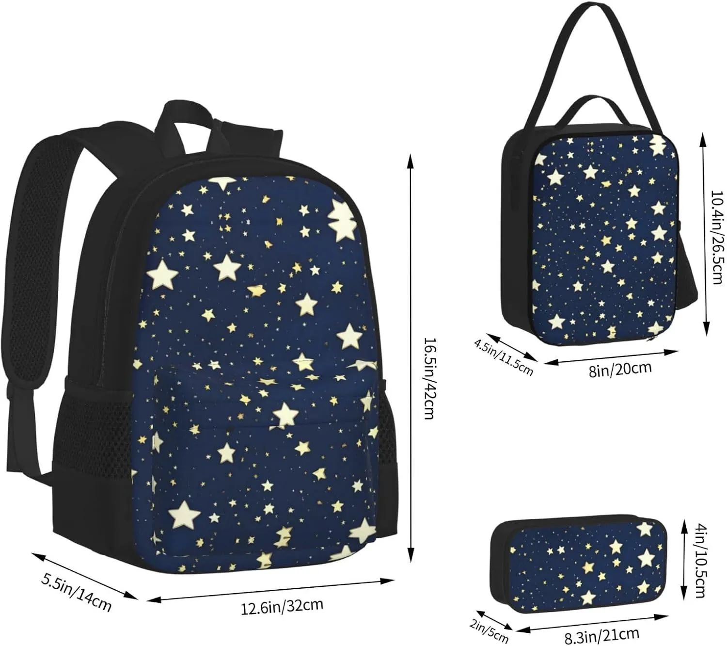 3-In-1 Backpack Bookbag Set,Navy Blue Sky And Star Print Casual Travel Backpacks,With Pencil Case Pouch, Lunch Bag