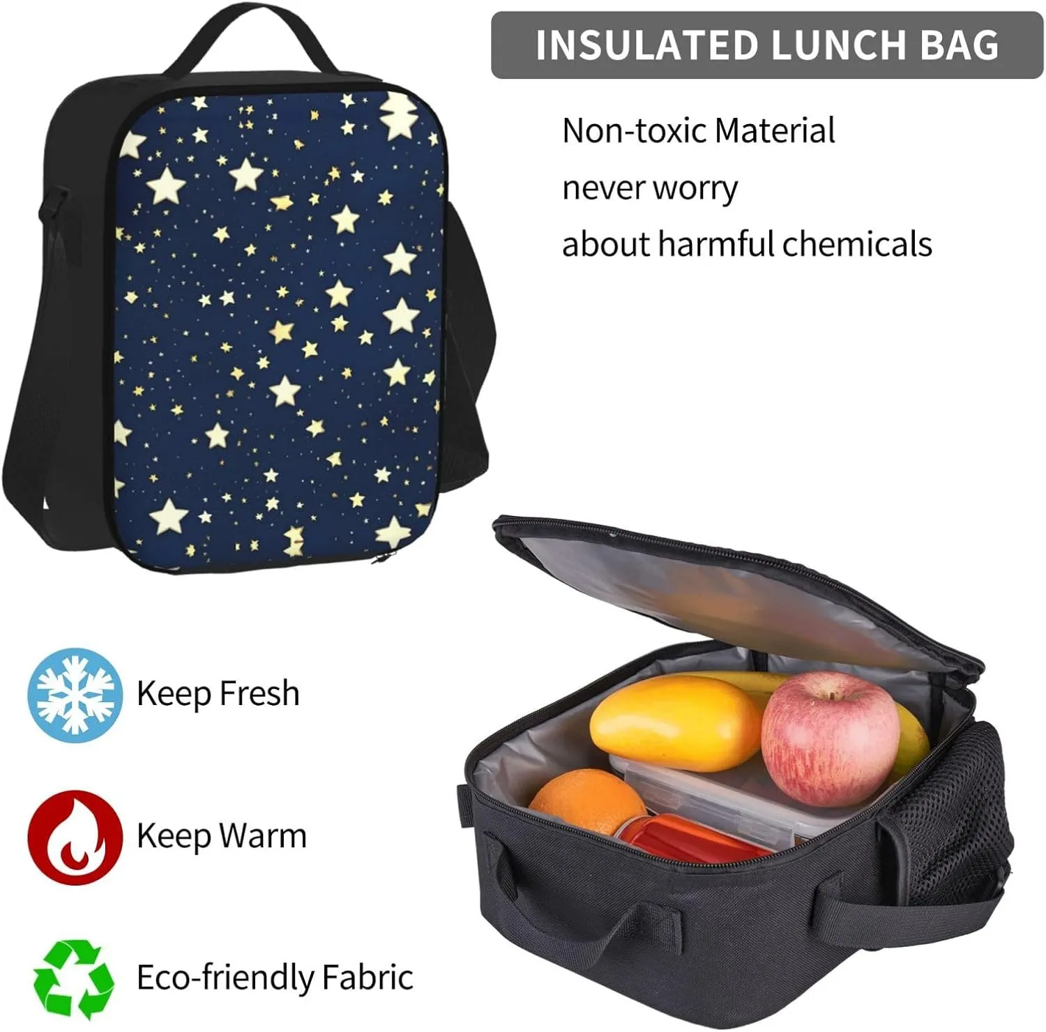 3-In-1 Backpack Bookbag Set,Navy Blue Sky And Star Print Casual Travel Backpacks,With Pencil Case Pouch, Lunch Bag