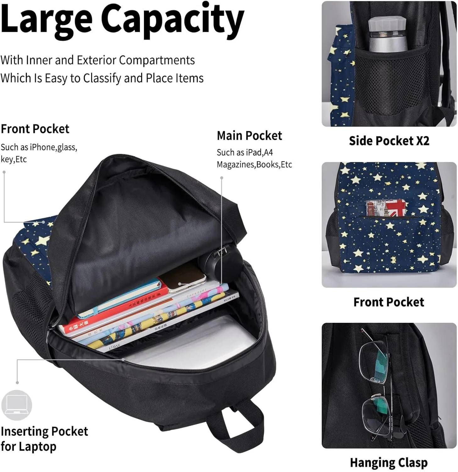 3-In-1 Backpack Bookbag Set,Navy Blue Sky And Star Print Casual Travel Backpacks,With Pencil Case Pouch, Lunch Bag