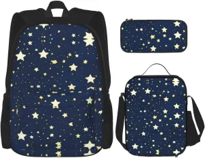 3-In-1 Backpack Bookbag Set,Navy Blue Sky And Star Print Casual Travel Backpacks,With Pencil Case Pouch, Lunch Bag