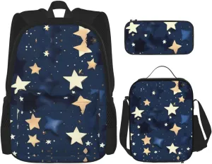 3-In-1 Backpack Bookbag Set,Navy Blue Sky And Stars Print Casual Travel Backpacks,With Pencil Case Pouch, Lunch Bag