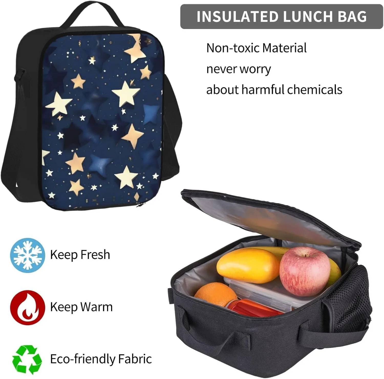 3-In-1 Backpack Bookbag Set,Navy Blue Sky And Stars Print Casual Travel Backpacks,With Pencil Case Pouch, Lunch Bag