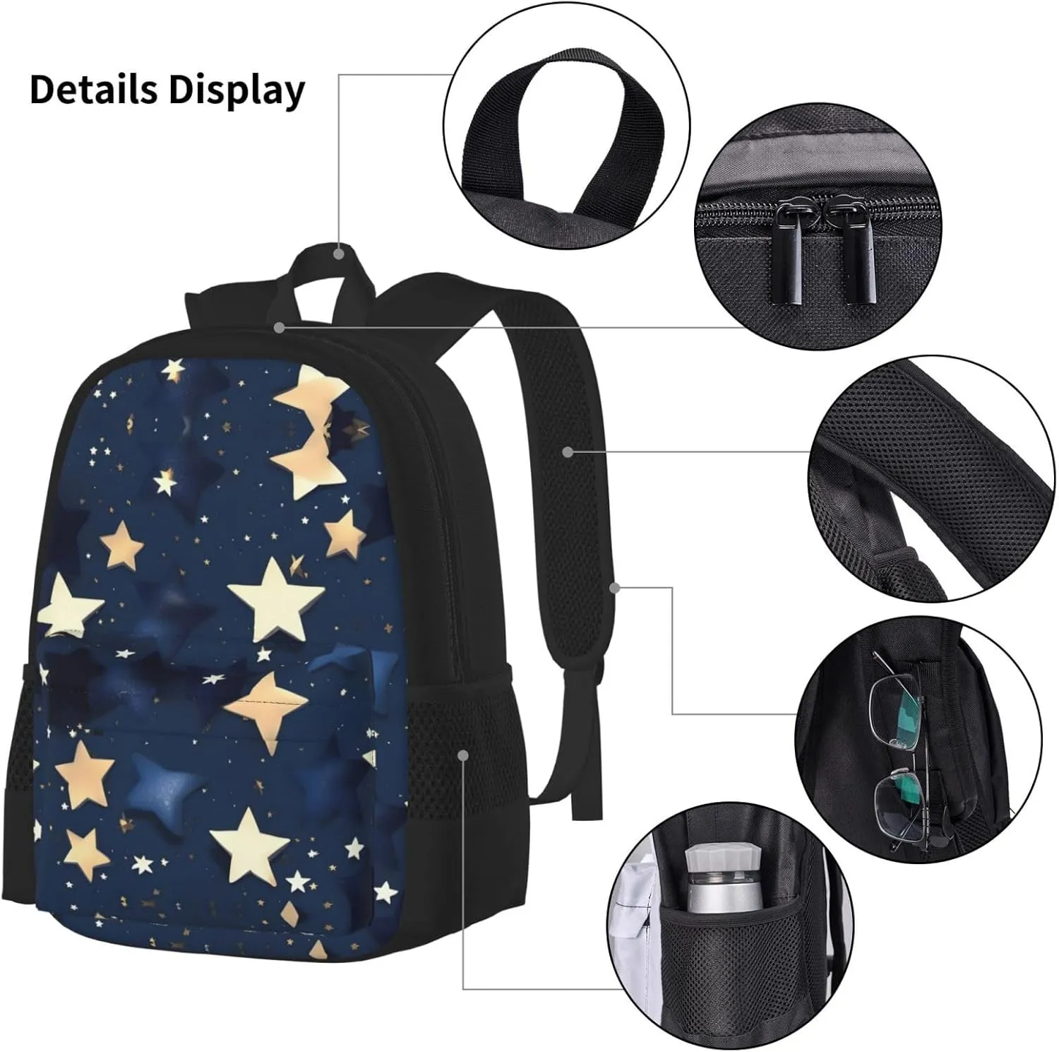 3-In-1 Backpack Bookbag Set,Navy Blue Sky And Stars Print Casual Travel Backpacks,With Pencil Case Pouch, Lunch Bag