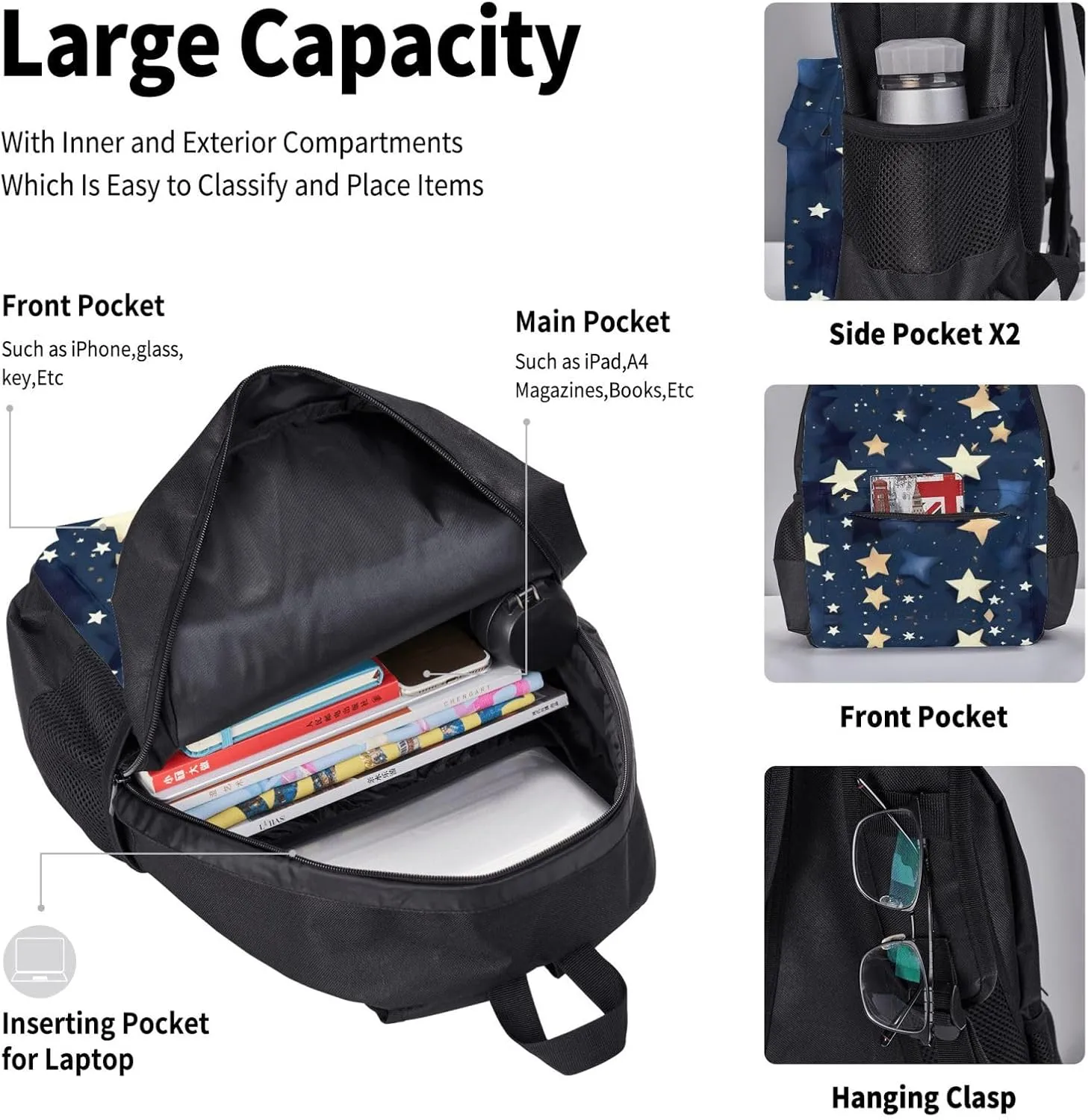 3-In-1 Backpack Bookbag Set,Navy Blue Sky And Stars Print Casual Travel Backpacks,With Pencil Case Pouch, Lunch Bag
