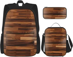 3-In-1 Backpack Bookbag Set,Wood Grain Print Casual Travel Backpacks,With Pencil Case Pouch, Lunch Bag