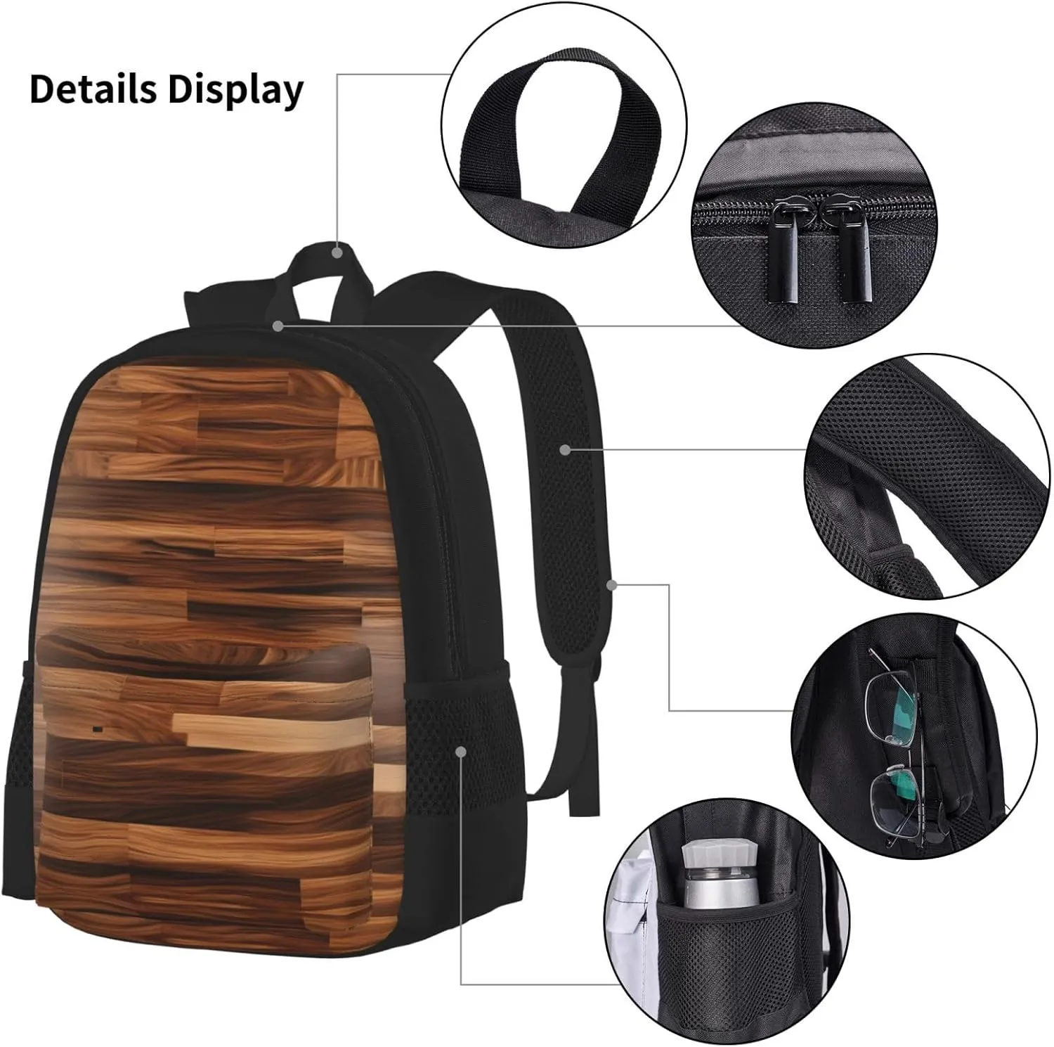 3-In-1 Backpack Bookbag Set,Wood Grain Print Casual Travel Backpacks,With Pencil Case Pouch, Lunch Bag