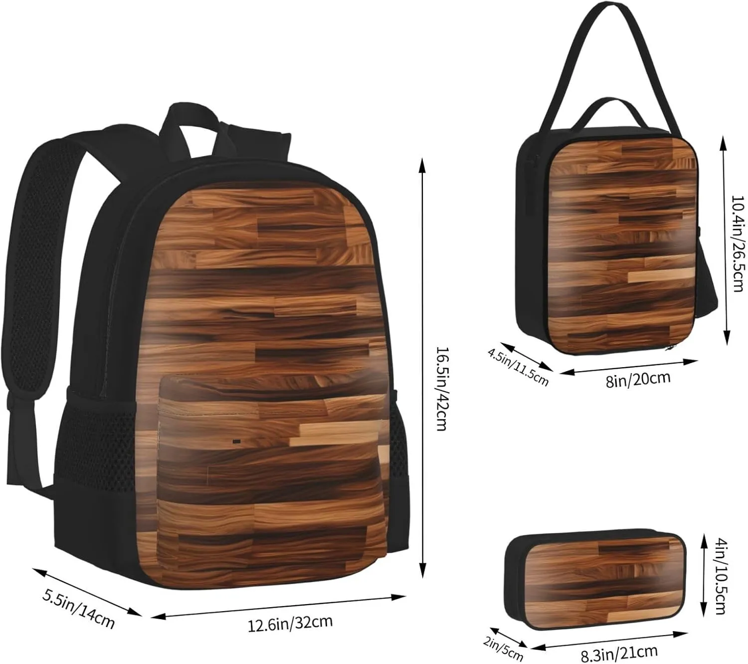 3-In-1 Backpack Bookbag Set,Wood Grain Print Casual Travel Backpacks,With Pencil Case Pouch, Lunch Bag