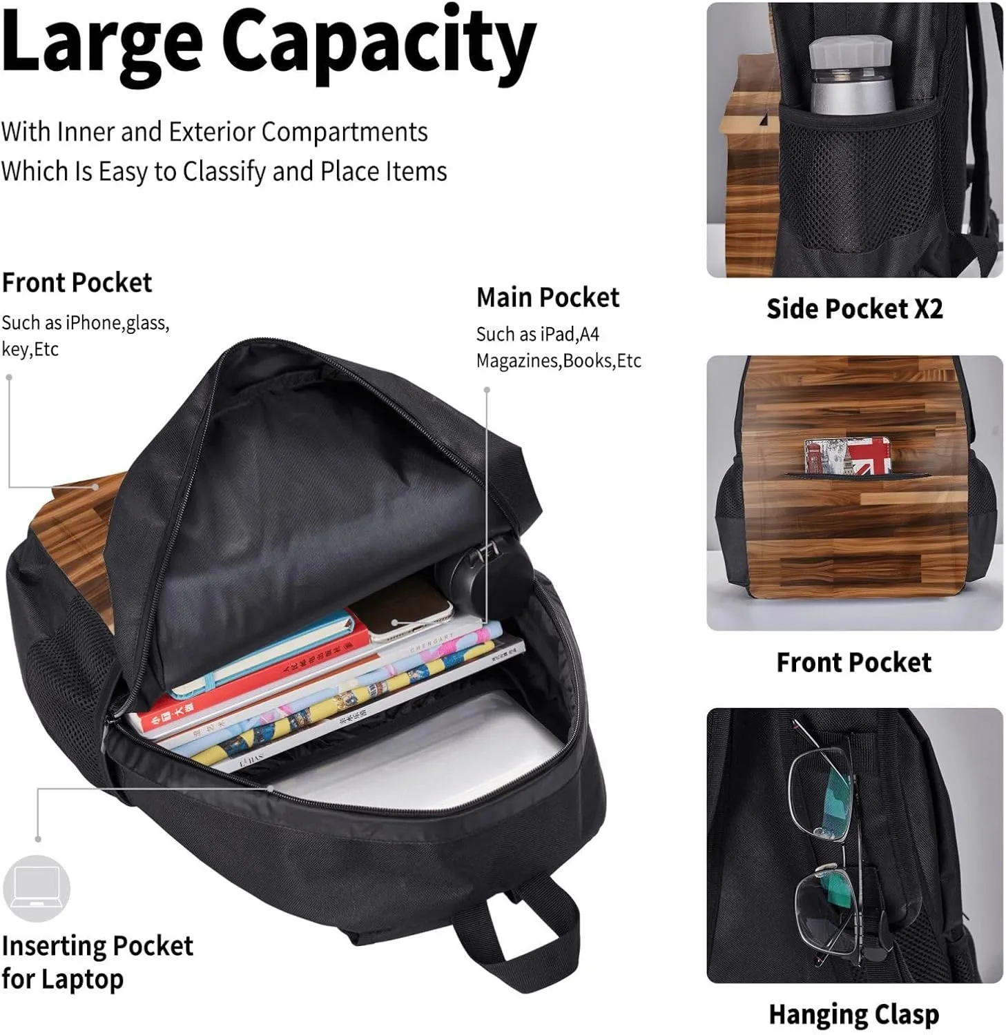 3-In-1 Backpack Bookbag Set,Wood Grain Print Casual Travel Backpacks,With Pencil Case Pouch, Lunch Bag