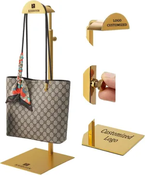 30 Pack Gold Purse Display Stands with Customized brand Logos, Handbag Display Stand for Retail Boutique Stores Vendors, Adjustable Height Stainless Steel Stability Non-slip Purse Holder