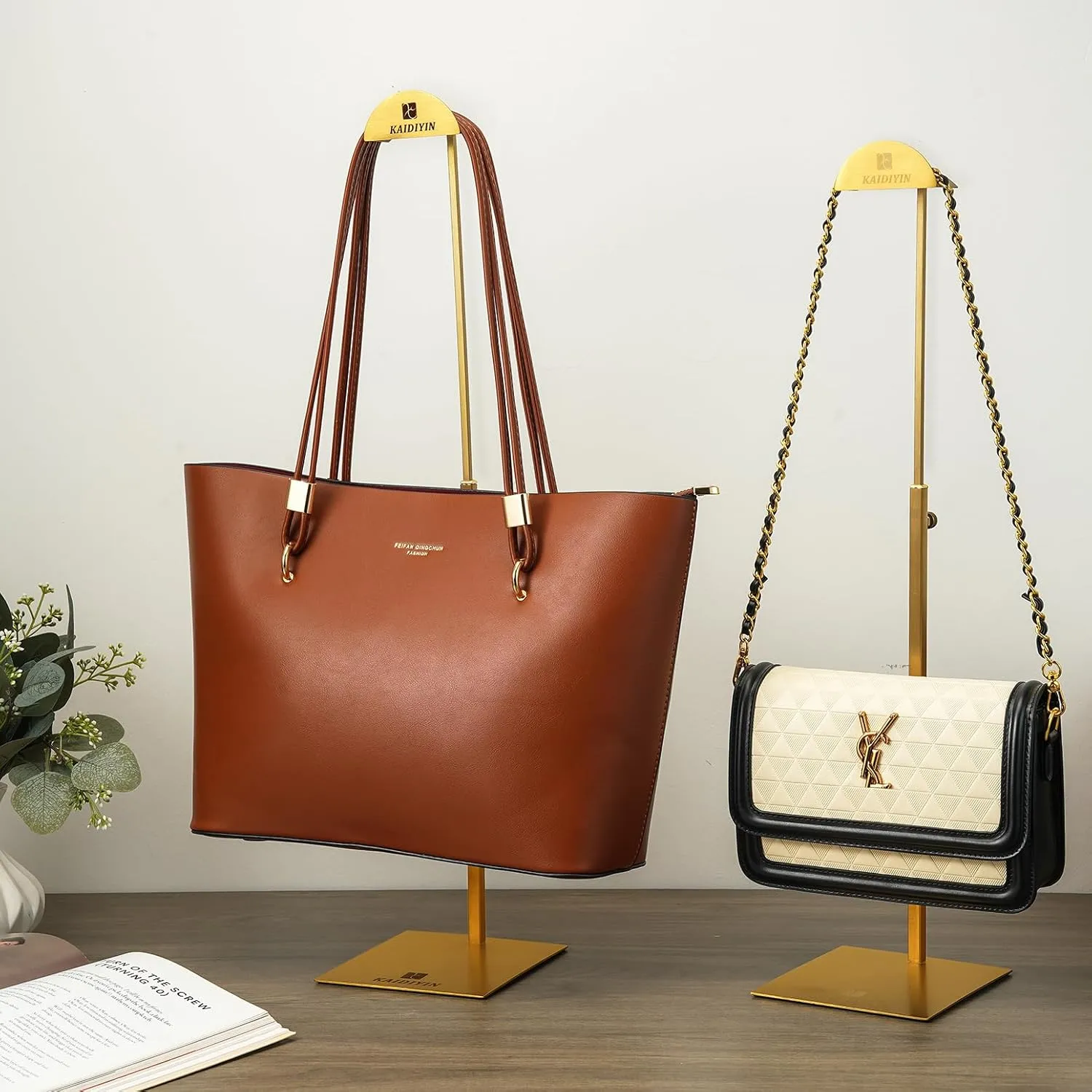 30 Pack Gold Purse Display Stands with Customized brand Logos, Handbag Display Stand for Retail Boutique Stores Vendors, Adjustable Height Stainless Steel Stability Non-slip Purse Holder