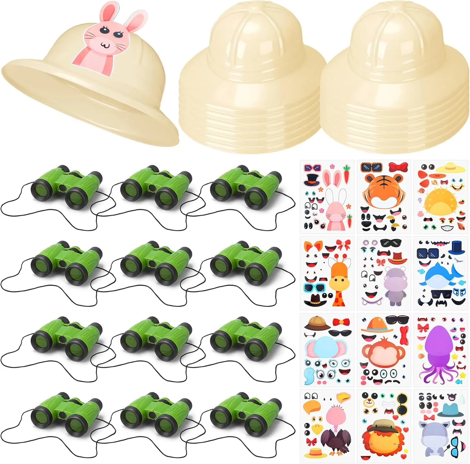 36 Pcs Explorer Costume Set Include 12 Toy Binoculars with Neck String 12 Safari Party Hats 12 Animal Puzzle DIY Stickers Bulk for Jungle Party Gifts Watching Learning Favors