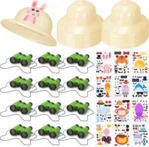 36 Pcs Explorer Costume Set Include 12 Toy Binoculars with Neck String 12 Safari Party Hats 12 Animal Puzzle DIY Stickers Bulk for Jungle Party Gifts Watching Learning Favors
