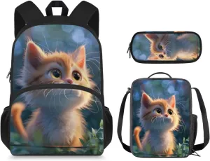 3D Cat Backpack for Girls 9-11 Years Personalised Backpack with Lunch Box Lightweight School Bag for Teens with Adjustable Shoulder Strap Cute Back Packs for Kindergarten Elementary