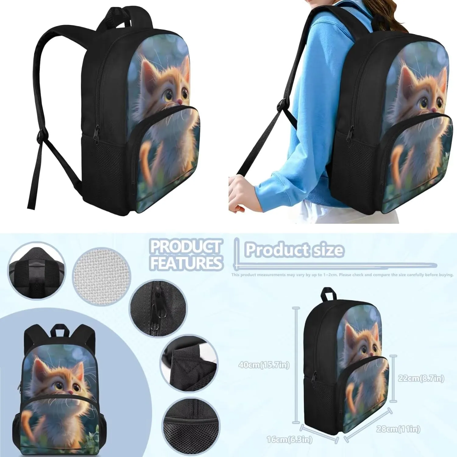 3D Cat Backpack for Girls 9-11 Years Personalised Backpack with Lunch Box Lightweight School Bag for Teens with Adjustable Shoulder Strap Cute Back Packs for Kindergarten Elementary