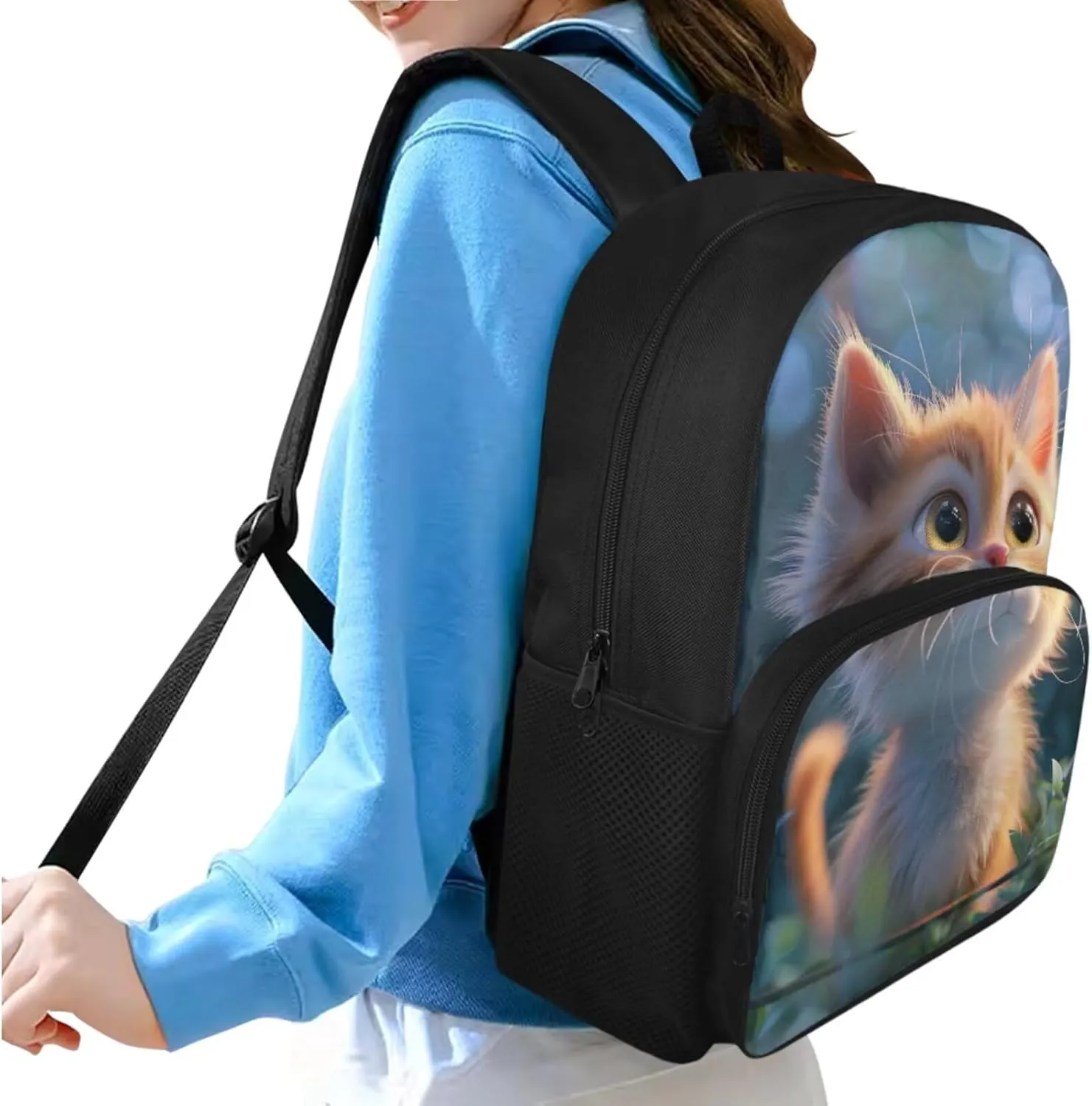 3D Cat Backpack for Girls 9-11 Years Personalised Backpack with Lunch Box Lightweight School Bag for Teens with Adjustable Shoulder Strap Cute Back Packs for Kindergarten Elementary