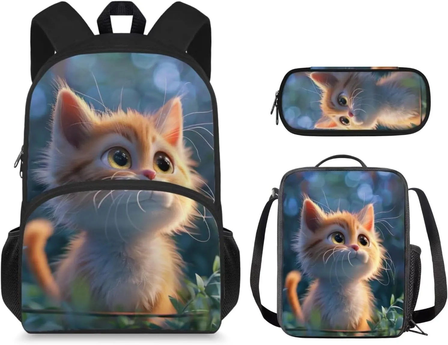 3D Cat Backpack for Girls 9-11 Years Personalised Backpack with Lunch Box Lightweight School Bag for Teens with Adjustable Shoulder Strap Cute Back Packs for Kindergarten Elementary