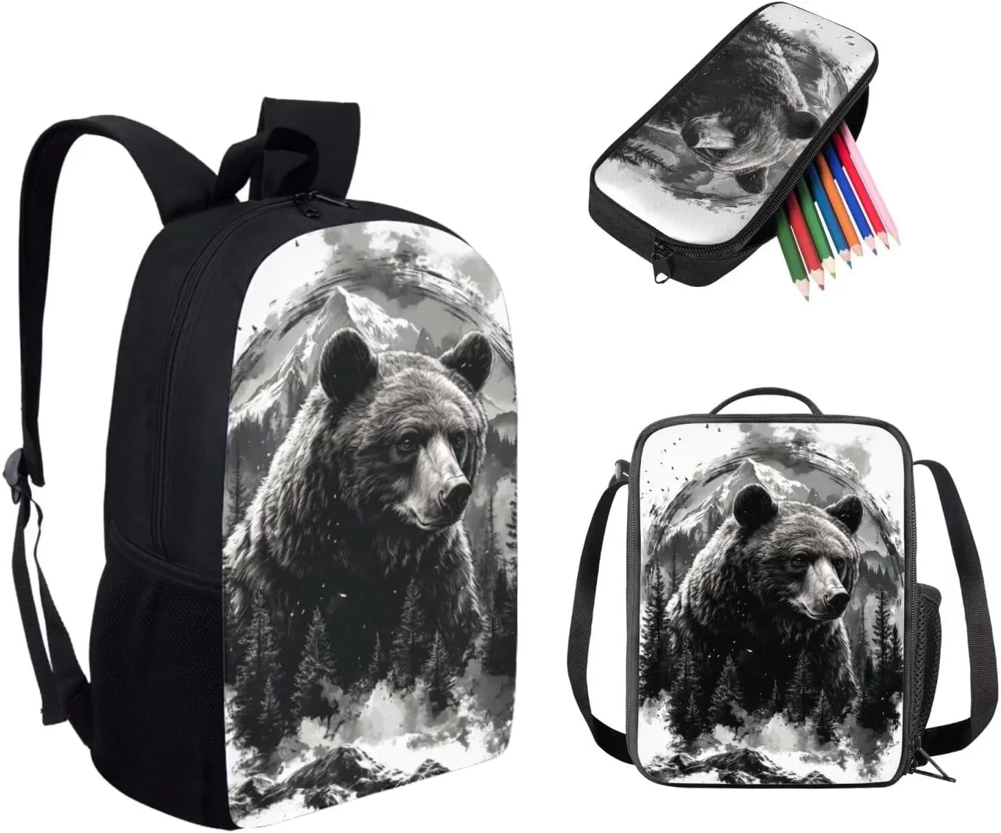 3PCS Bear Painting Boys Backpack for School Travel Backpacks Sets Book Bag Purses Tote Crossbody School Bag Pen Case Pouch Organizer for Girls