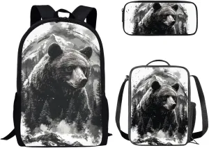 3PCS Bear Painting Boys Backpack for School Travel Backpacks Sets Book Bag Purses Tote Crossbody School Bag Pen Case Pouch Organizer for Girls