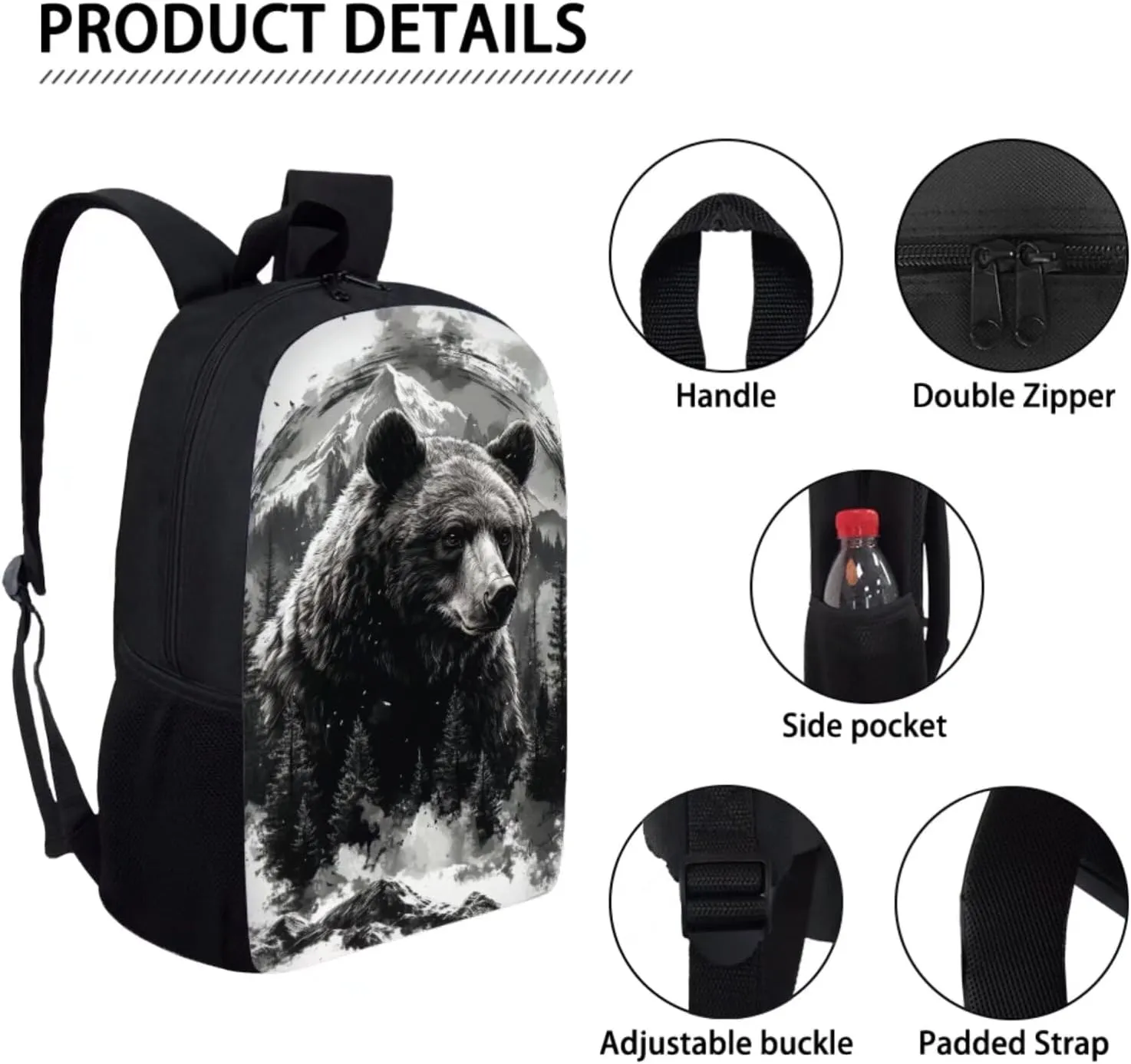 3PCS Bear Painting Boys Backpack for School Travel Backpacks Sets Book Bag Purses Tote Crossbody School Bag Pen Case Pouch Organizer for Girls