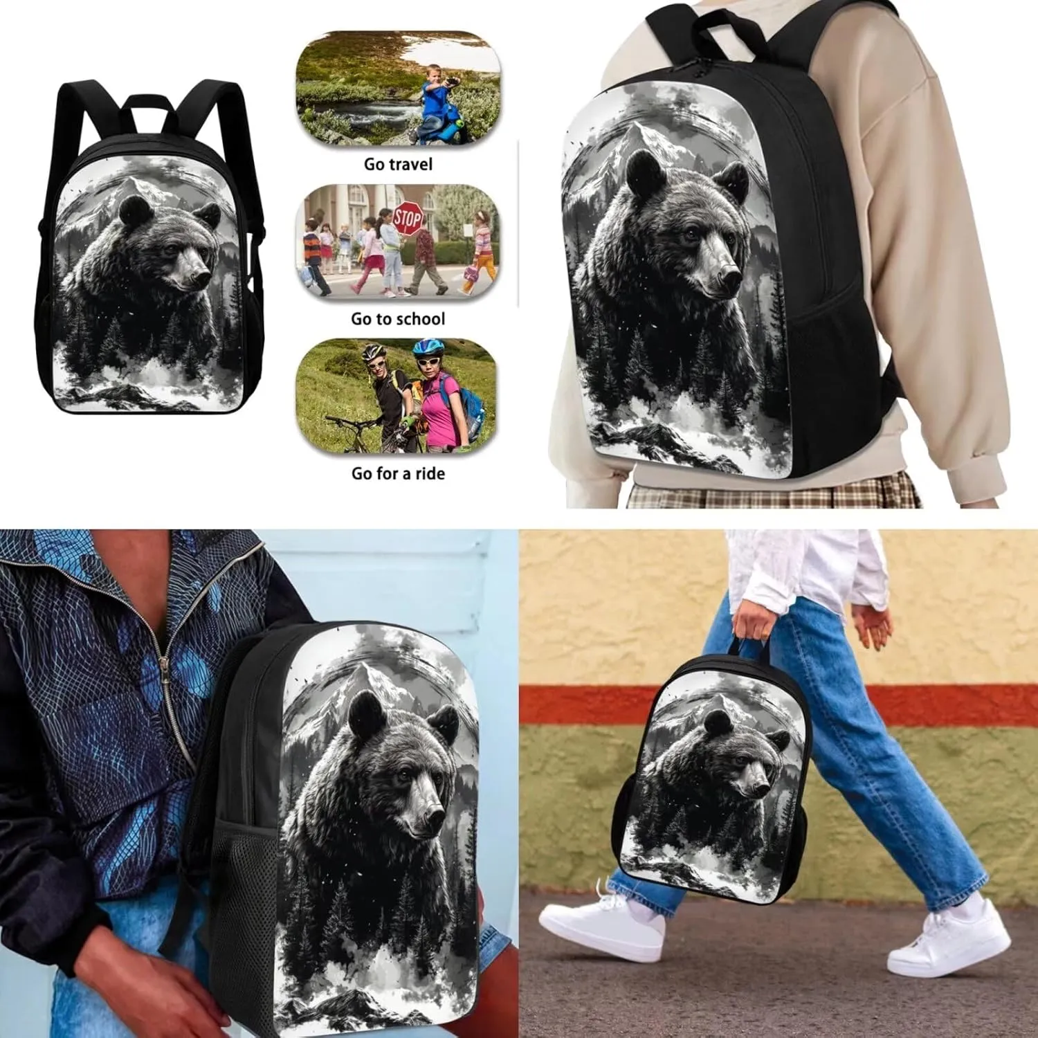 3PCS Bear Painting Boys Backpack for School Travel Backpacks Sets Book Bag Purses Tote Crossbody School Bag Pen Case Pouch Organizer for Girls