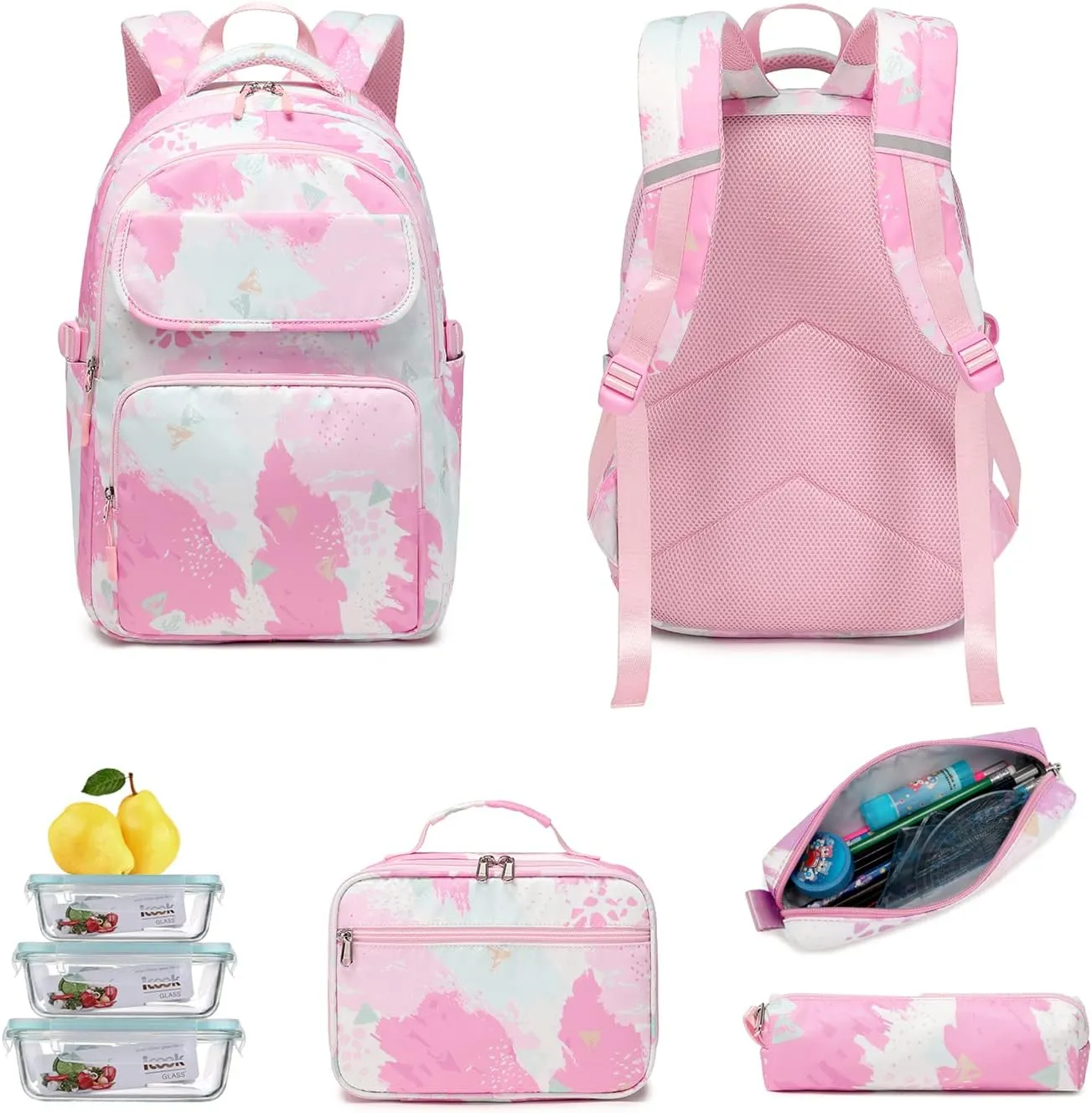 3pcs Girls Backpack with Lunch Box for Elementary Middle School 17 inch Kids Backpack with Lunch Bag Set Waterproof,Lightweight Pink School Backpack for Teen Girls