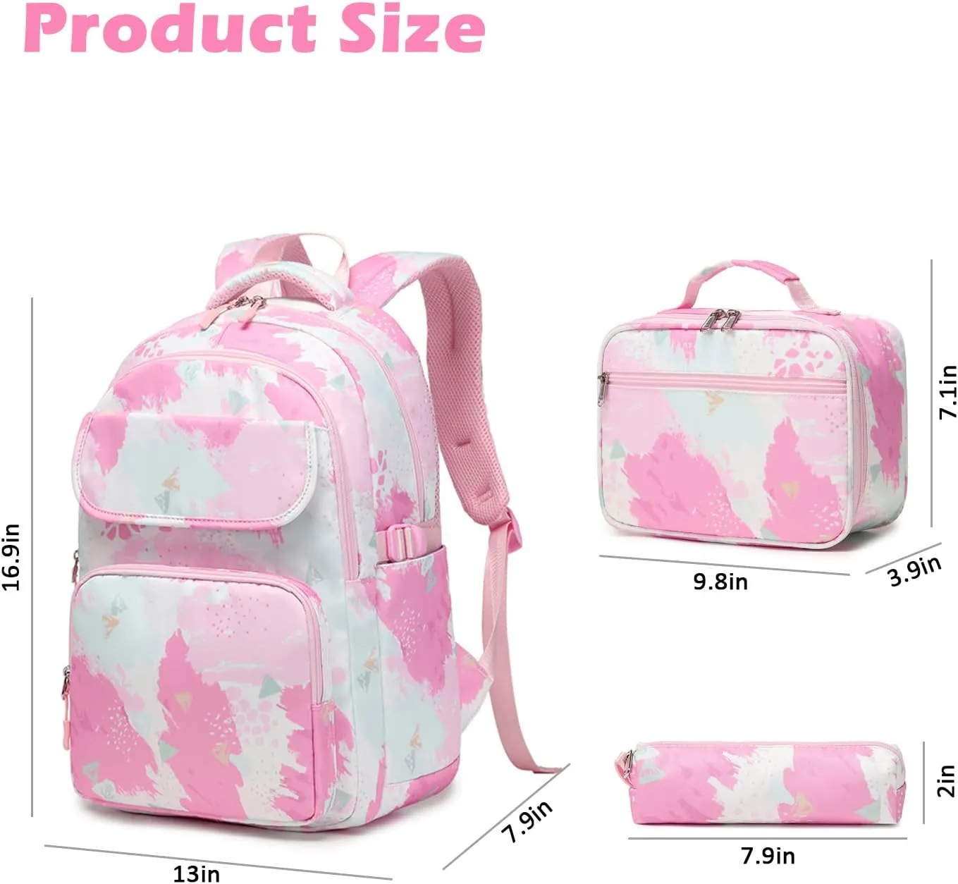 3pcs Girls Backpack with Lunch Box for Elementary Middle School 17 inch Kids Backpack with Lunch Bag Set Waterproof,Lightweight Pink School Backpack for Teen Girls