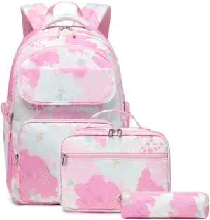 3pcs Girls Backpack with Lunch Box for Elementary Middle School 17 inch Kids Backpack with Lunch Bag Set Waterproof,Lightweight Pink School Backpack for Teen Girls