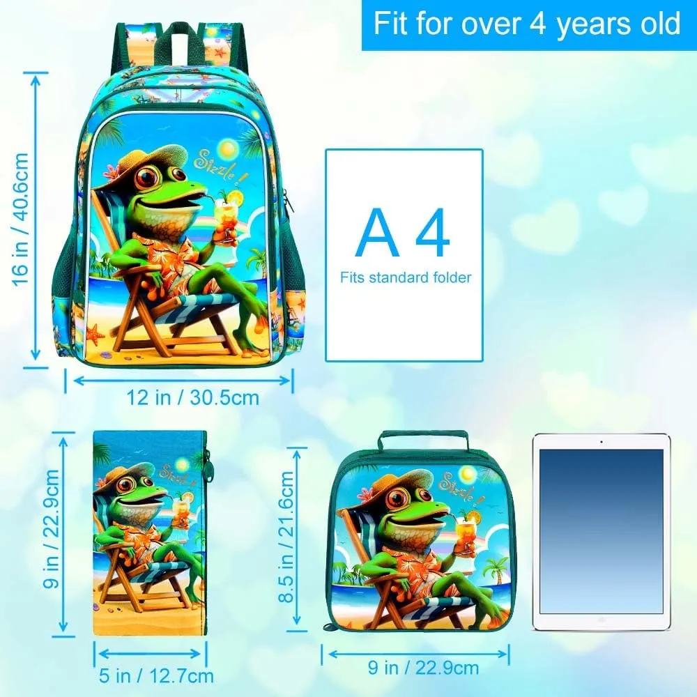 3Pcs Kids Backpack for Boys, 16" Frog Kindergarten Preschool Elementary Bookbag Set, School Backpacks with Lunch Box(Green)