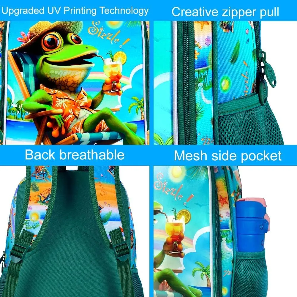 3Pcs Kids Backpack for Boys, 16" Frog Kindergarten Preschool Elementary Bookbag Set, School Backpacks with Lunch Box(Green)
