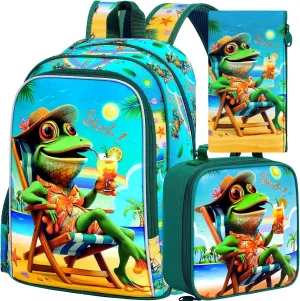 3Pcs Kids Backpack for Boys, 16" Frog Kindergarten Preschool Elementary Bookbag Set, School Backpacks with Lunch Box(Green)