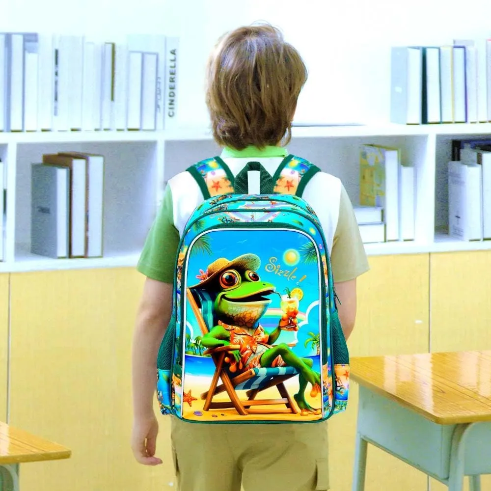 3Pcs Kids Backpack for Boys, 16" Frog Kindergarten Preschool Elementary Bookbag Set, School Backpacks with Lunch Box(Green)