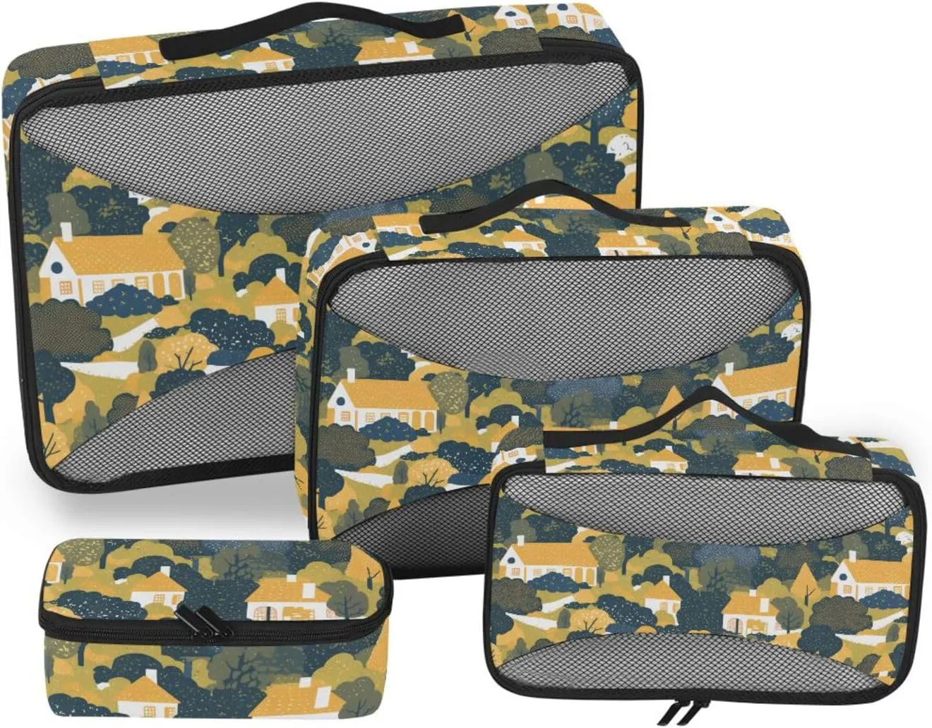 4 Pcs set organizer bags set Mesh Travel Essentials Pastoral Style Trees Houses portable cubes for travel women