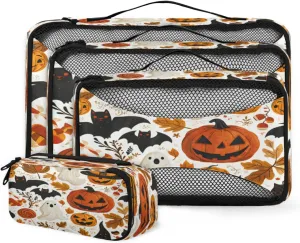 4 Set Packing Cubes for Travel, Halloween Lantern Pumpkin Packing Cubes for Women, Travel Luggage Packing Organizers, Packing Cube Set, Black Bats